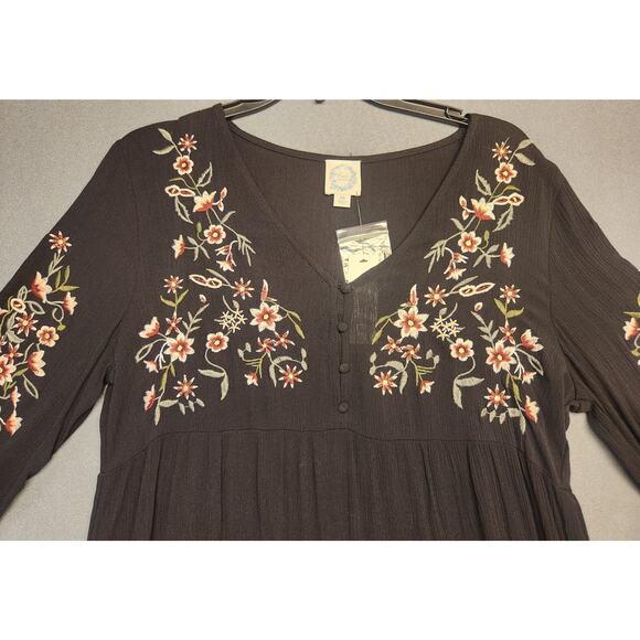 Francescas Blue Rain Black Embroidered Mini Dress Size Medium Boho Tiered‎ Flowy - Picture 2 of 3